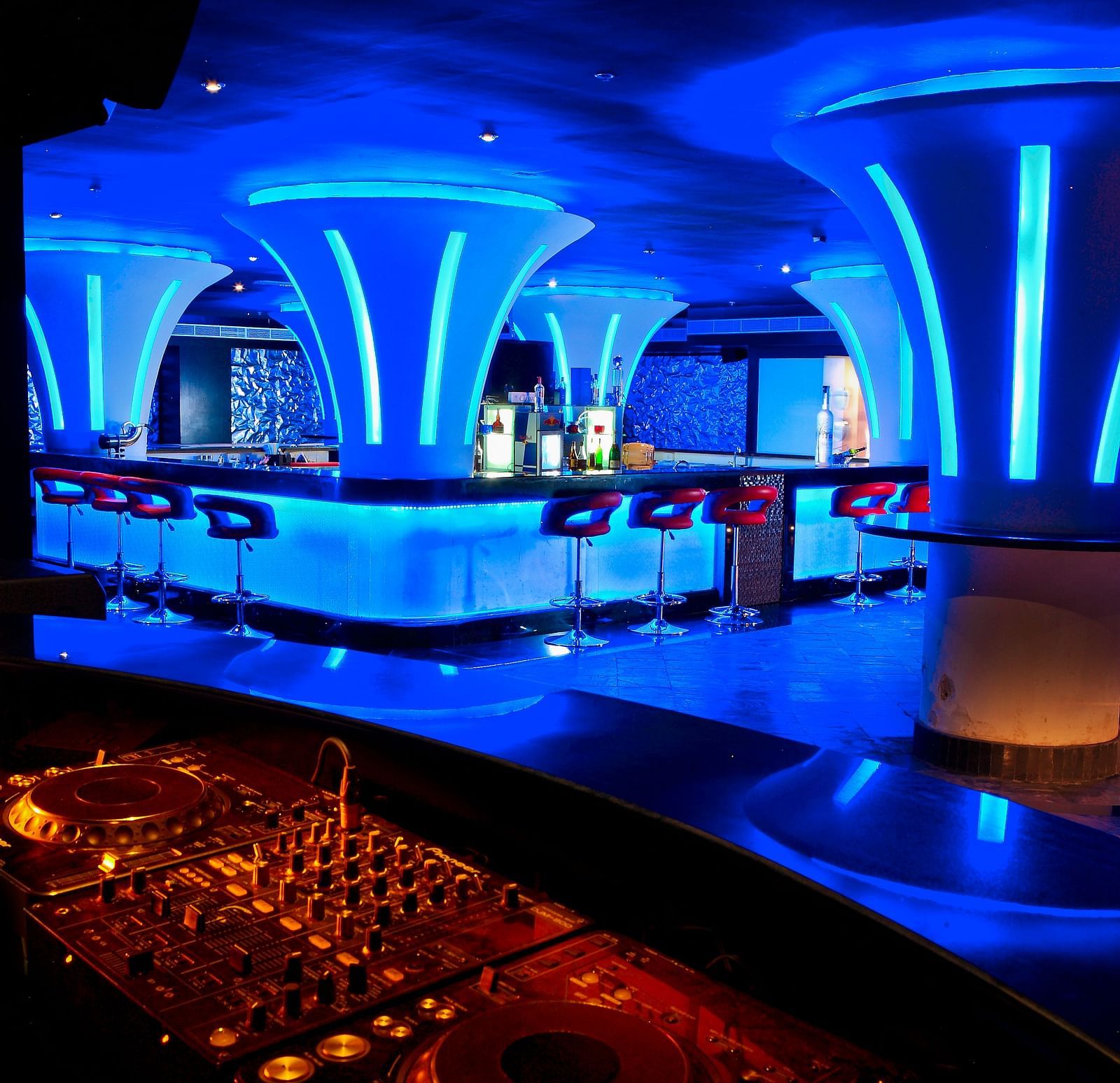SKA Discotheque & Bar with blue lights at Ocean Spray, Pondicherry
