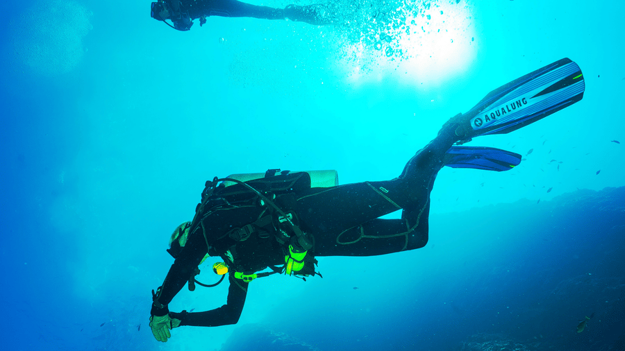 divers exploring the water with the sun's rays shining down through the water