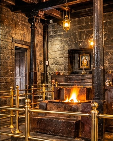 The dhuni burning inside Dwarkamai, with Sai Baba's portrait above