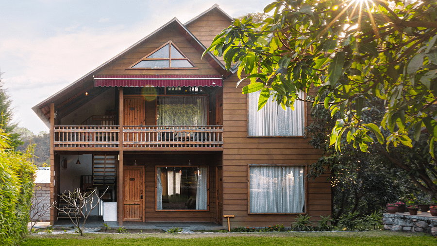 Facade view of the Pinewood Cottage at the Sylvan Retreat, Dehradun.