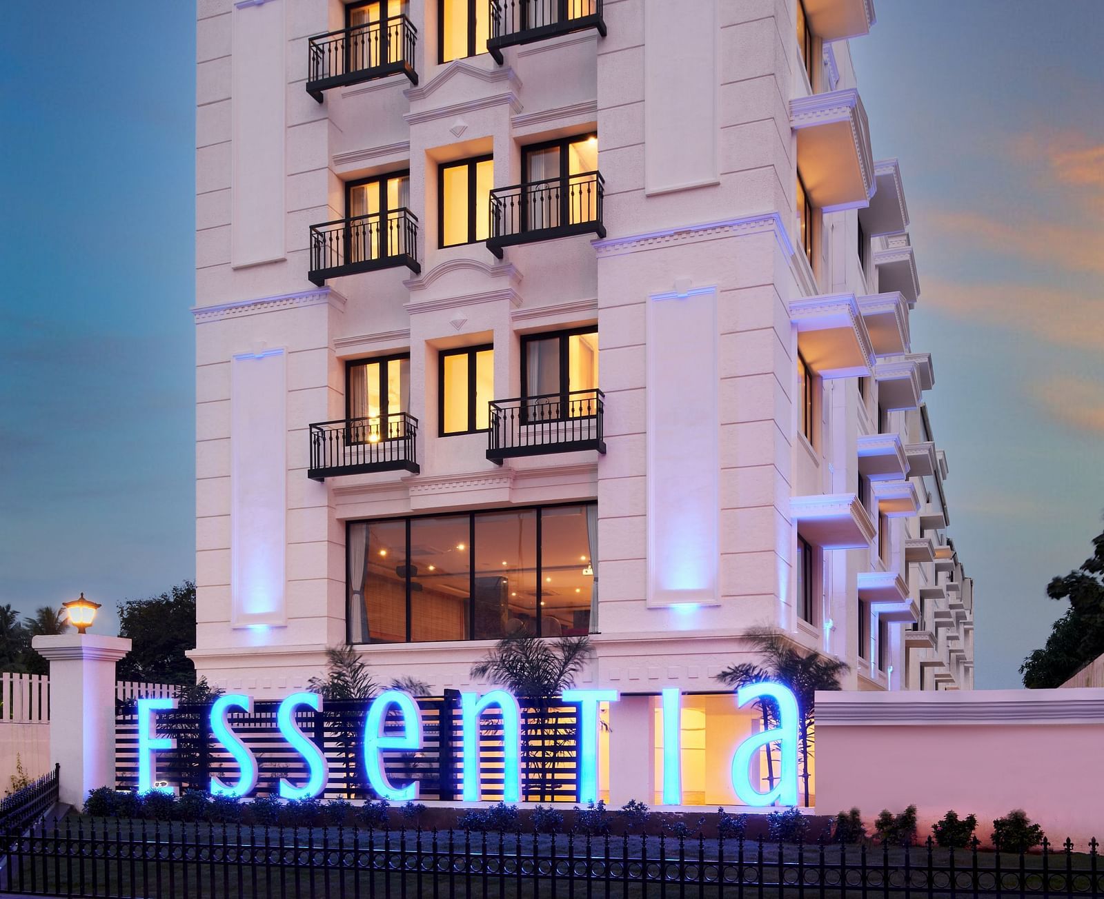 Facade of Essentia Premier Hotel, Chennai during the evening