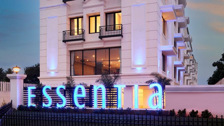 An overview of the Facade of Essentia Premier Hotel, Chennai during twilight.