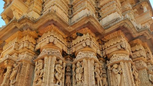 A close-up image of a temple with carved architecture