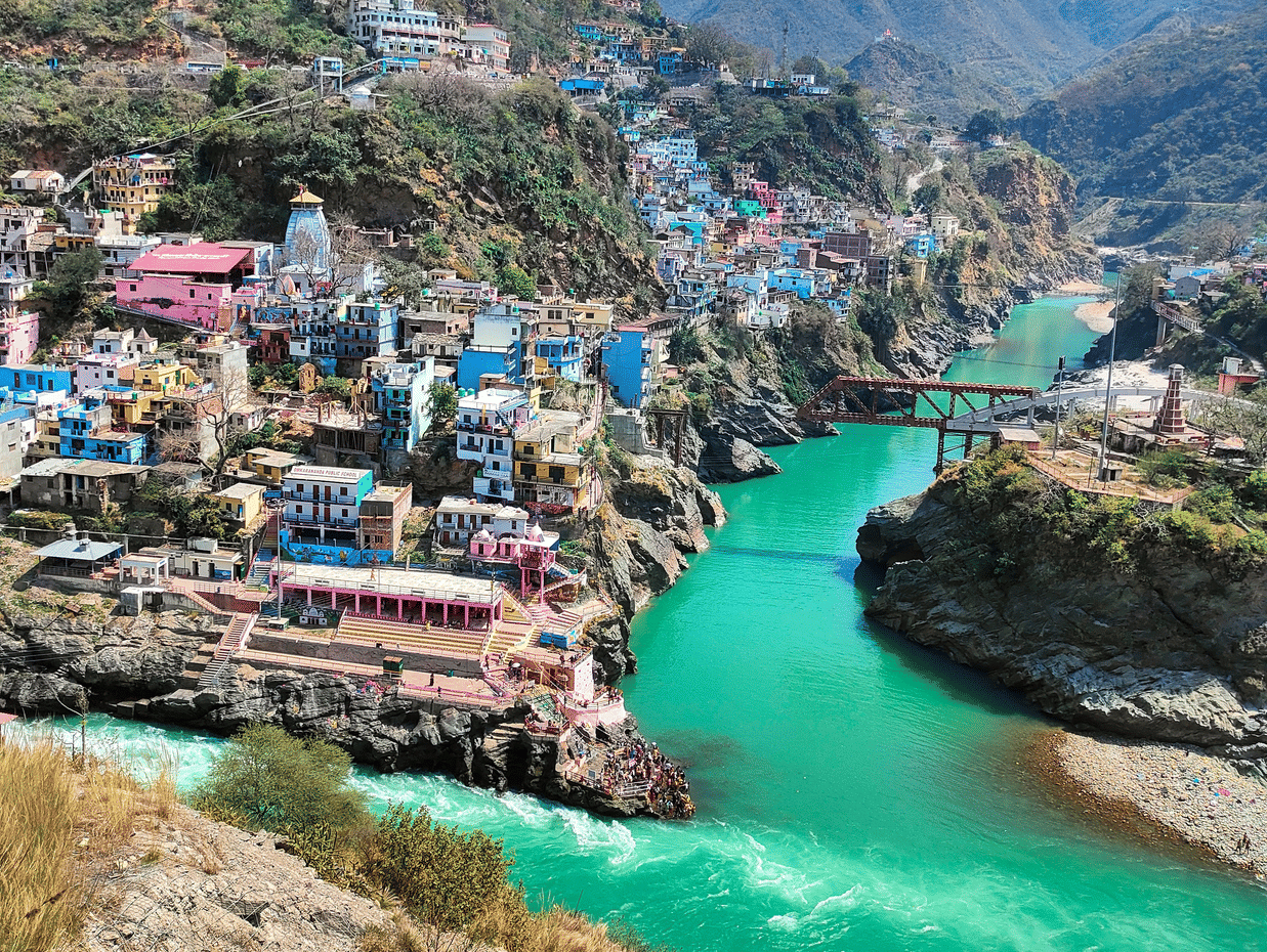Aerial view of Devprayag where Alaknanda and Bhagirathi rivers meet in India.
