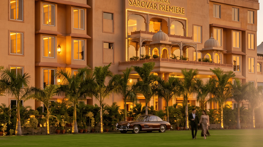 Exterior view of the multi-storey Mukundra Sarovar Premiere hotel building with a lawn and small pond in the foreground.