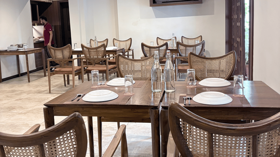 Wide perspective of the spacious and airy restaurant dining hall - Lords Riverside Resort, Muduba - Shivamogga