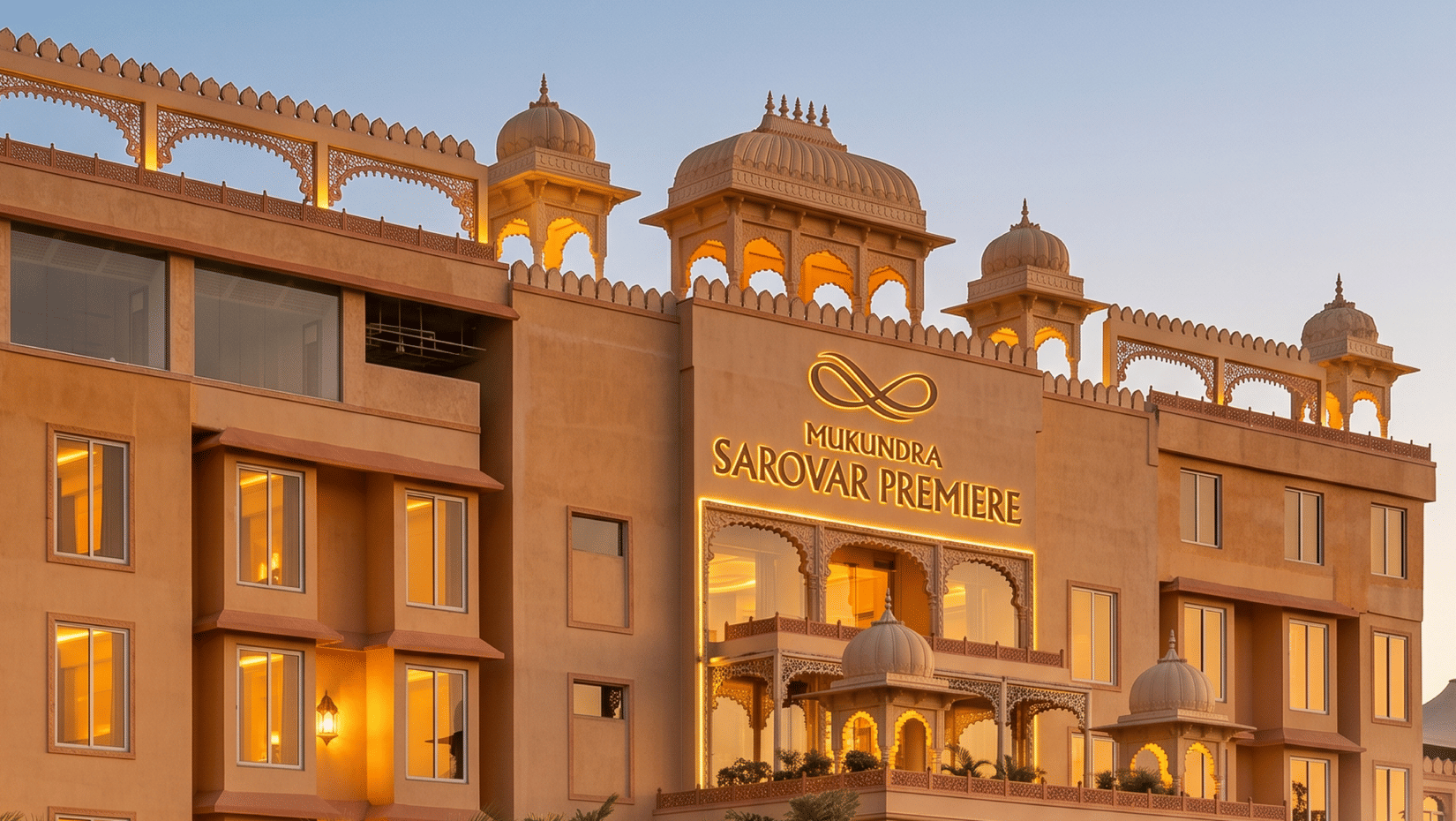 Hotel exterior with ornate architecture and warm golden tones