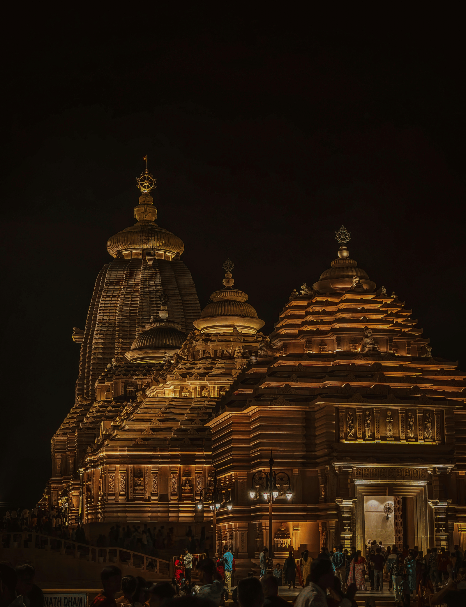 A night view of a temple with illuminated domes and detailed architecture against a dark sky.