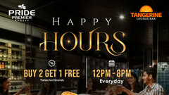 Happy Hours at Tangerine Lounge Bar offering Buy 2 and Get 1 Free on selected brands. The offer is available everyday  from 12 PM to  8PM at Pride Premier Nagpur
