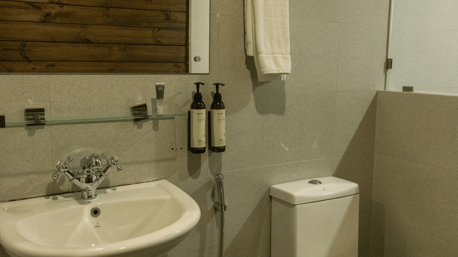 A bathroom at The Heritage Club, Tripura, Castle, Shillong, featuring a sink, a toilet seat, and other toileteries.