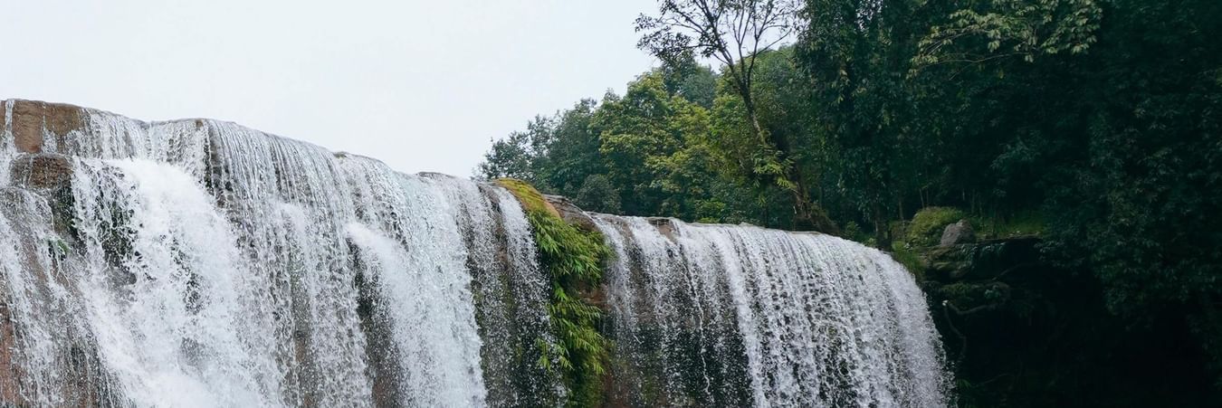 Cascading waterfall flowing into turquoise pool surrounded by lush green forest vegetation