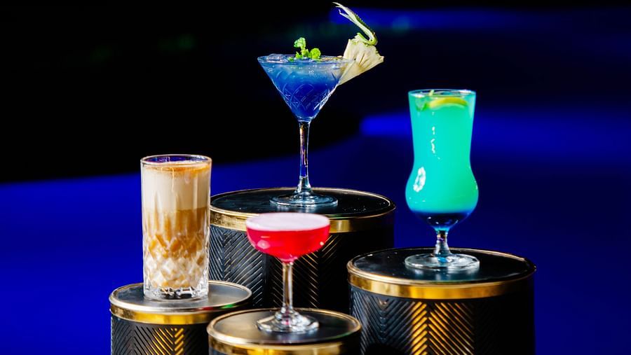 An array of drinks beautifully arranged on a stand at Crescent Spa & Resort, Indore