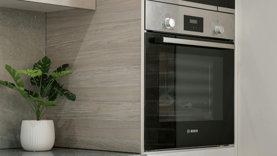 A section of a kitchenette with 2 built-in ovens and a small potted plant on the counter.