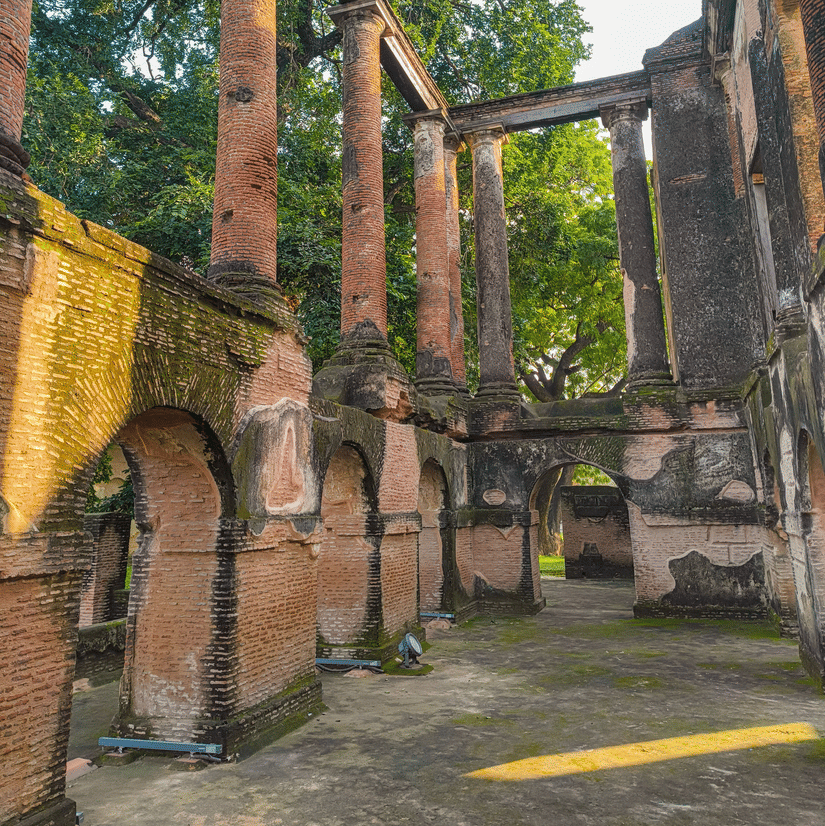 The ruins of The Residency, Lucknow. There are tall walls with arched doorways, the floor is covered in moss and trees are visible at the back.