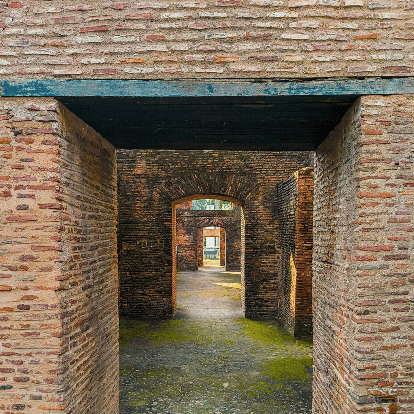 A tunnel shot of a hallway of The Residency, Lucknow. The walls are chipped off and the floors have moss built up on themhem. 
