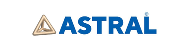 Astral logo with triangular icon and blue typography representing pipes adhesives and building materials manufacturer in corporate clients grid