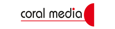 Coral Media corporate logo featuring bold lowercase coral media wordmark with a distinctive red angular bracket accent representing a media or advertising agency displayed in client partners logo grid