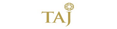 Taj luxury hospitality logo in elegant gold serif typography with crest representing premium Indian hotel brand displayed in high profile client partners section