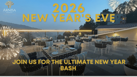 Promotional poster for ARNISA Kasauli's 2026 New Year’s Eve event featuring a scenic outdoor dining area, fireworks, event date 31 December, and details of the New Year package including meals, gala dinner, DJ, and offers.