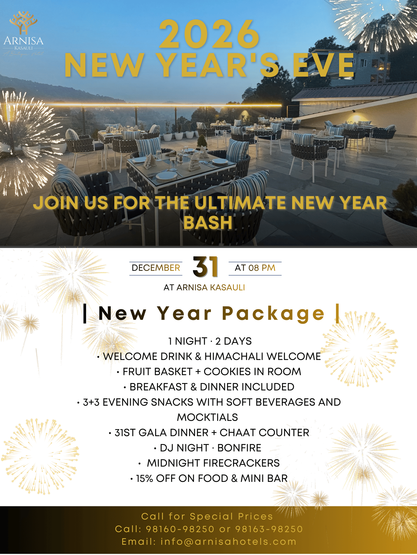 Promotional poster for ARNISA Kasauli's 2026 New Year’s Eve event featuring a scenic outdoor dining area, fireworks, event date 31 December, and details of the New Year package including meals, gala dinner, DJ, and offers.