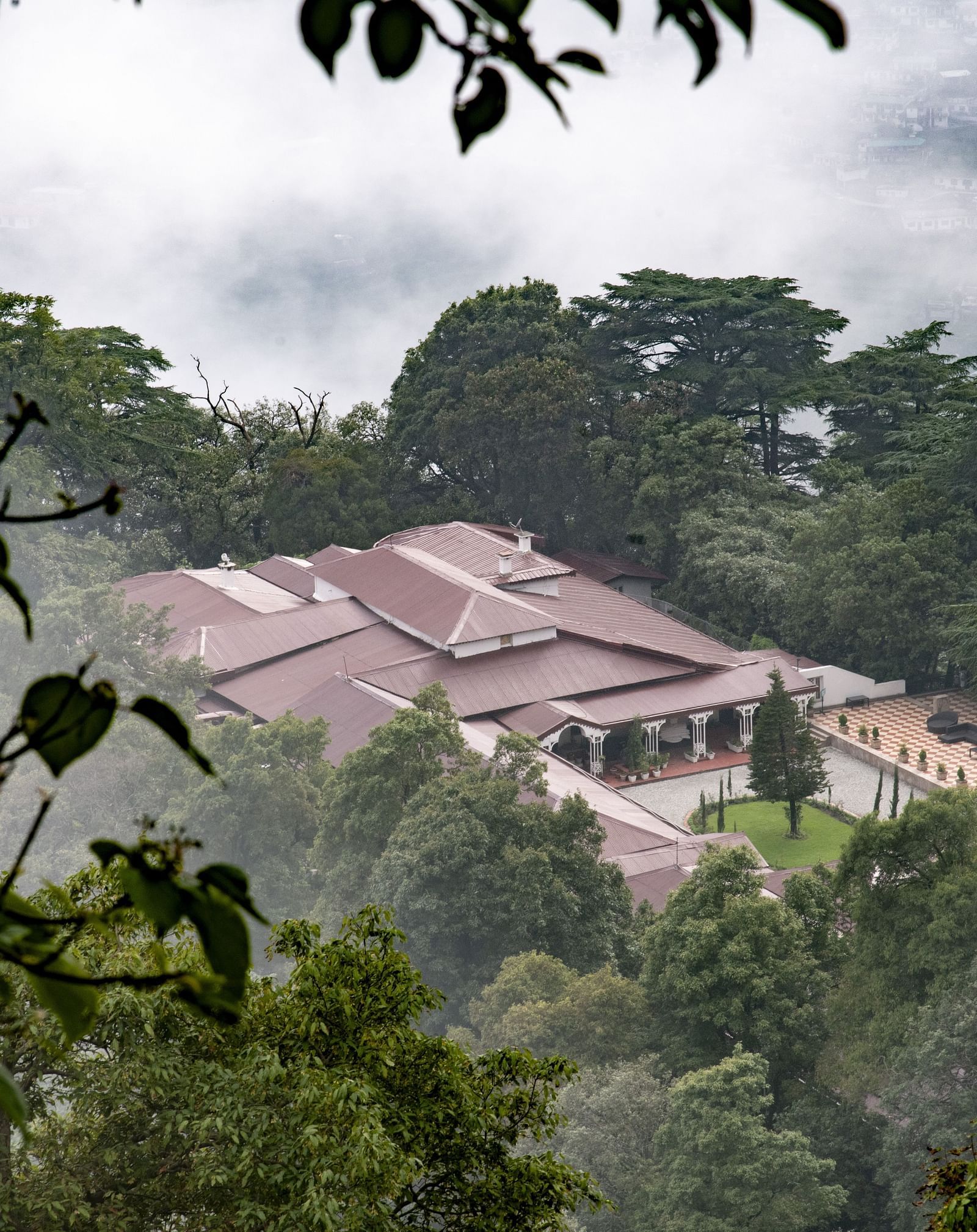drone shot of the facade of the Claridges Nabha residence, Mussoorie