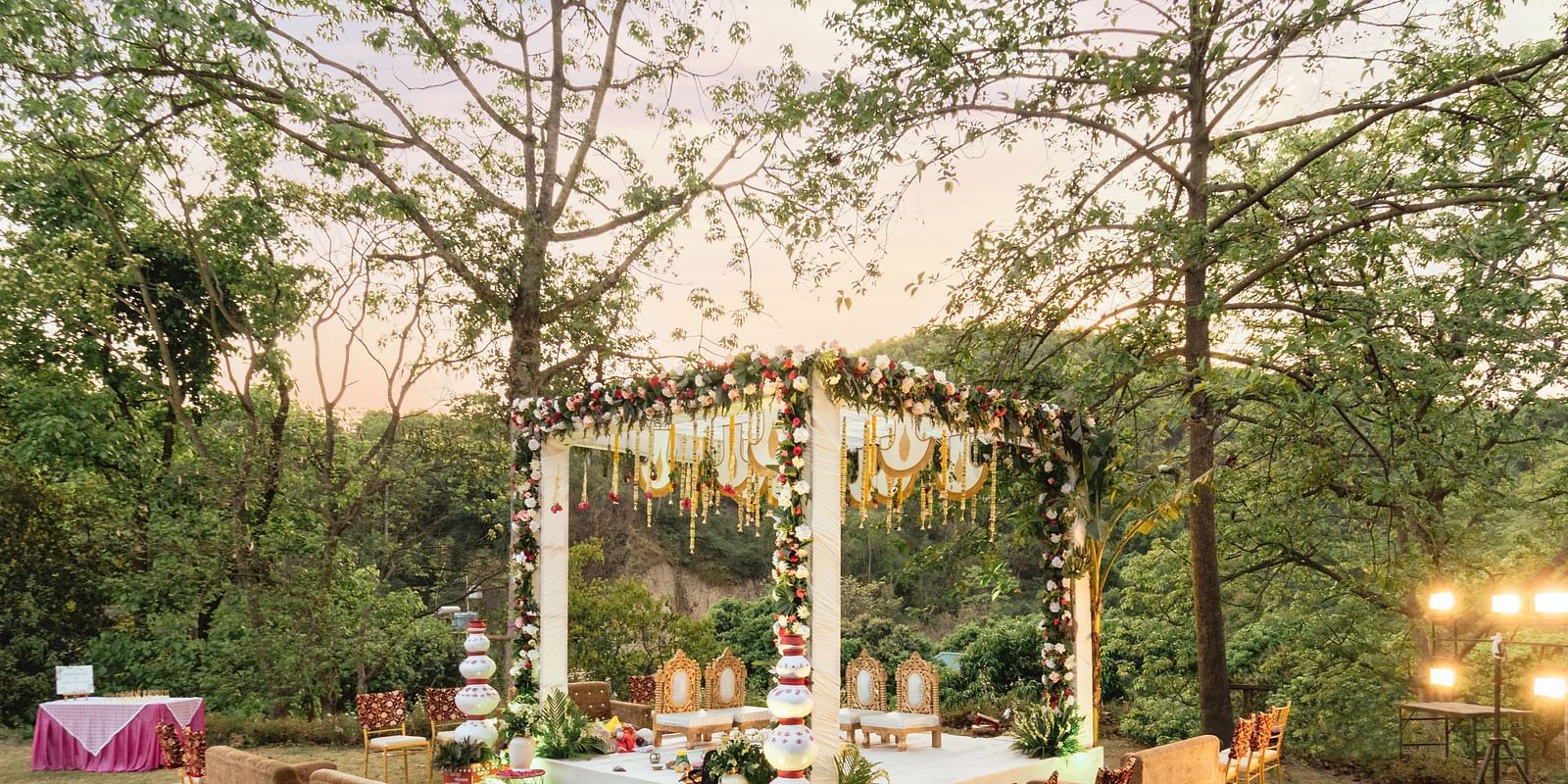 A view of a wedding setup in the lawn at The Sylvan Retreat, Dehradun.