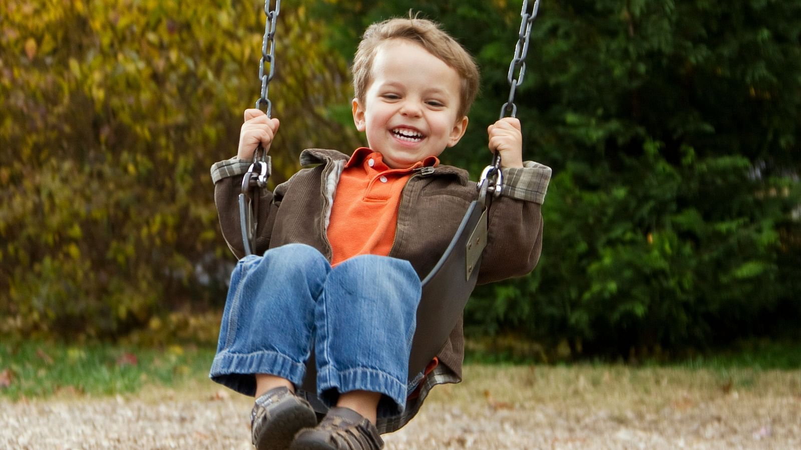A child enjoying a swing with trees in the background.