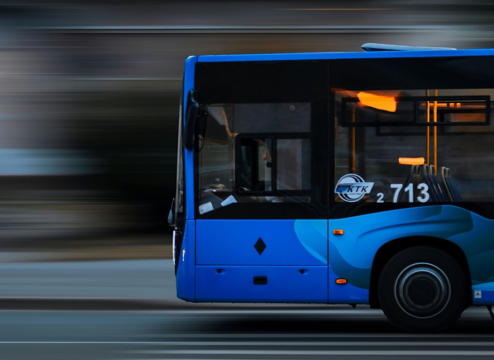 Shot of a moving bus on a busy street.