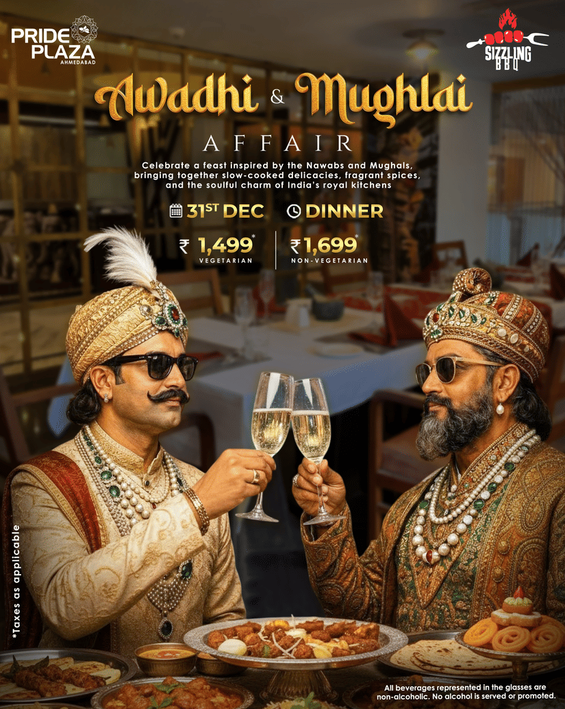 Two people dressed in royal Mughal attire raise glasses for a toast, with a spread of Awadhi and Mughlai delicacies in the foreground. The banner advertises a special dining event for New Year's Eve, featuring vegetarian and non-vegetarian options.
