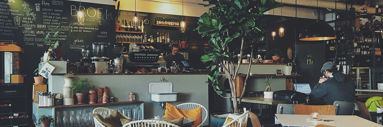 Cafe with chairs and tables and and counter table with a plant besides it