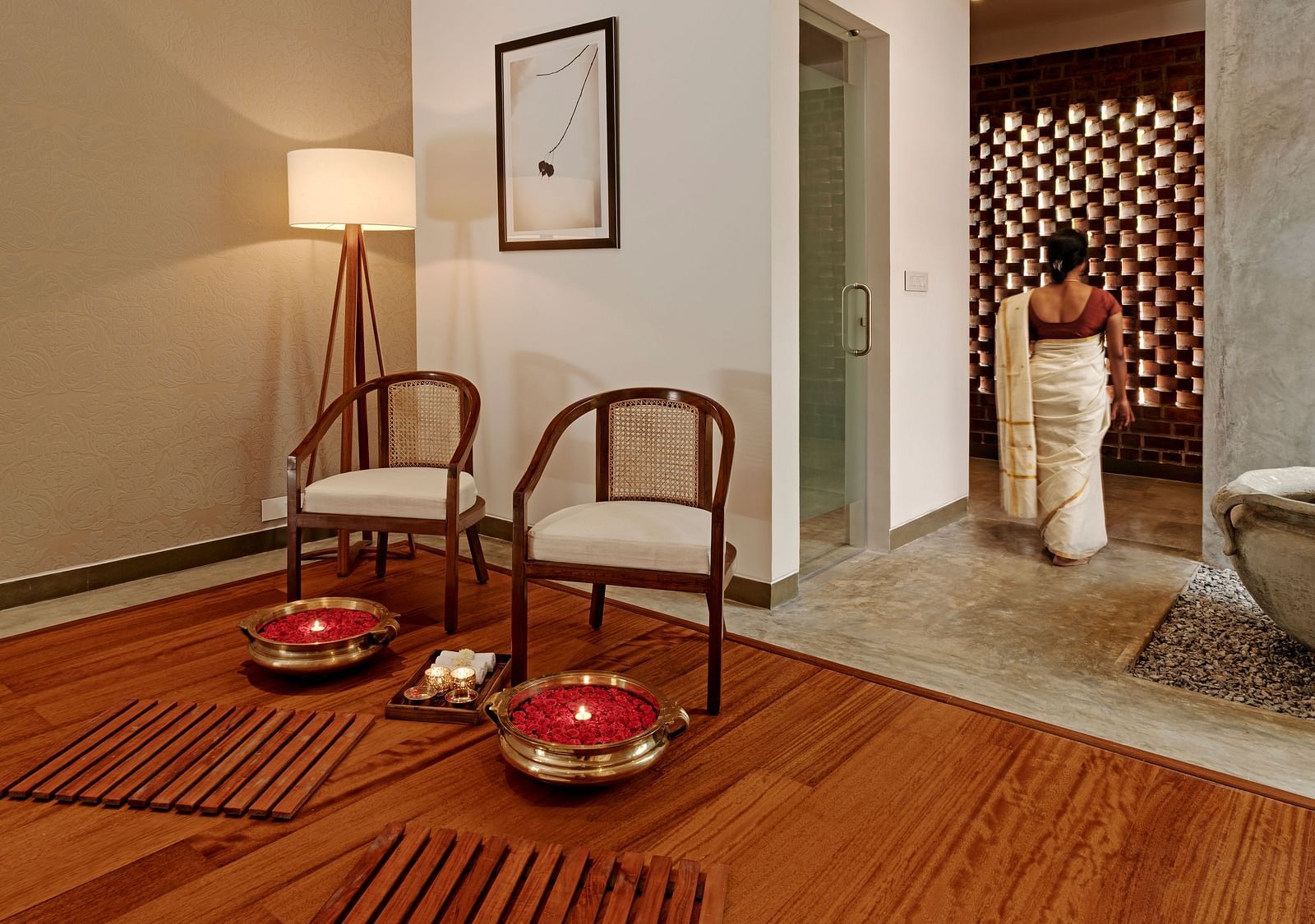 Interior room with two chairs, a lamp, and a rug, minimalist design - Shreyas Retreat