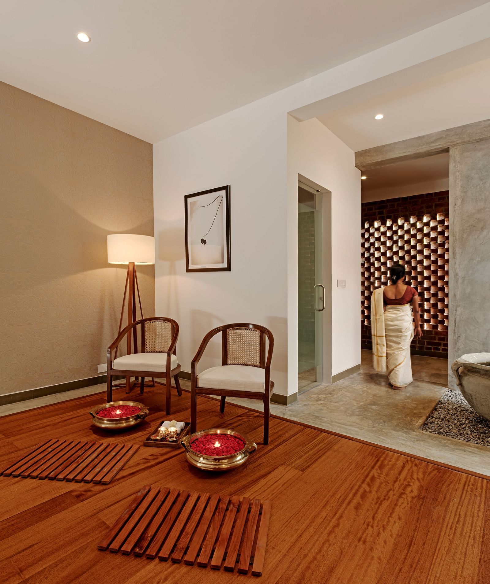 Interior room with two chairs, a lamp, and a rug, minimalist design - Shreyas Retreat