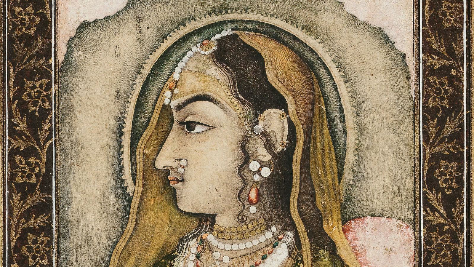 Traditional portrait painting of a woman in ethnic attire with intricate details.