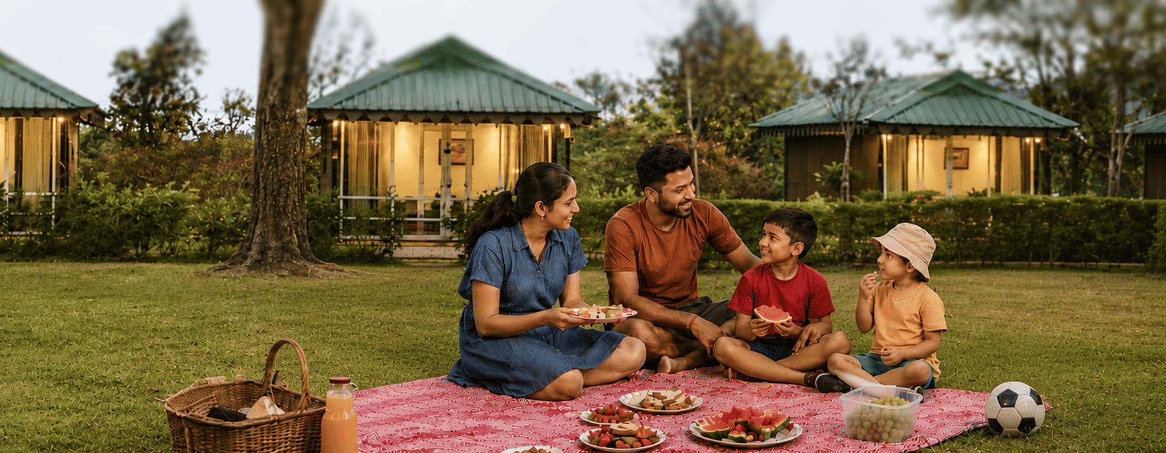 Family enjoying a relaxing picnic on the lush green lawns at Nature Trails Resort amidst a peaceful natural setting.