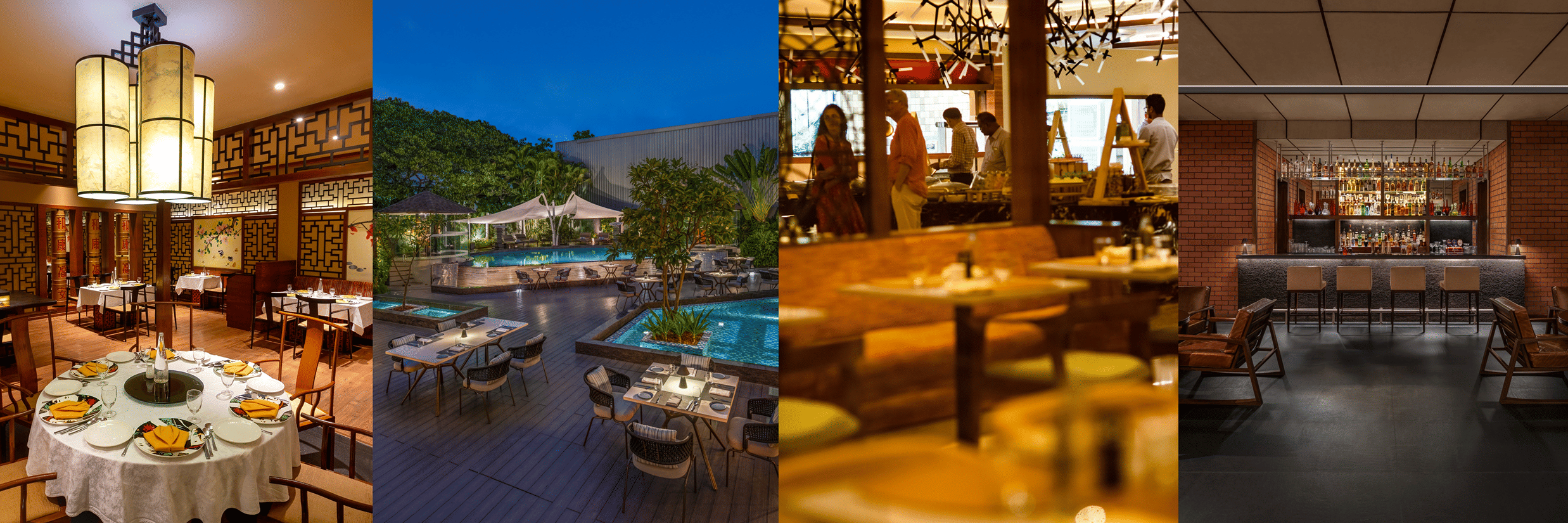 Collage showcasing the dining area of the Coimbatore property, featuring elegantly set tables, a variety of gourmet dishes, and a warm, inviting atmosphere that highlights the culinary experience.