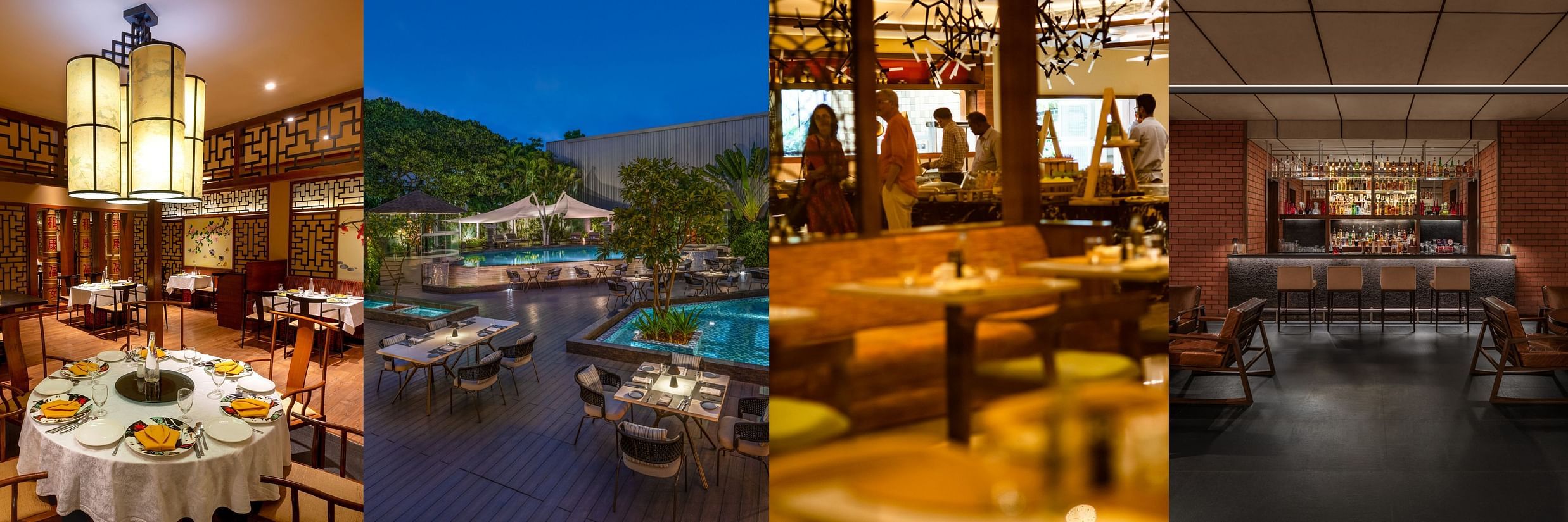 Collage showcasing the dining area of the Coimbatore property, featuring elegantly set tables, a variety of gourmet dishes, and a warm, inviting atmosphere that highlights the culinary experience.