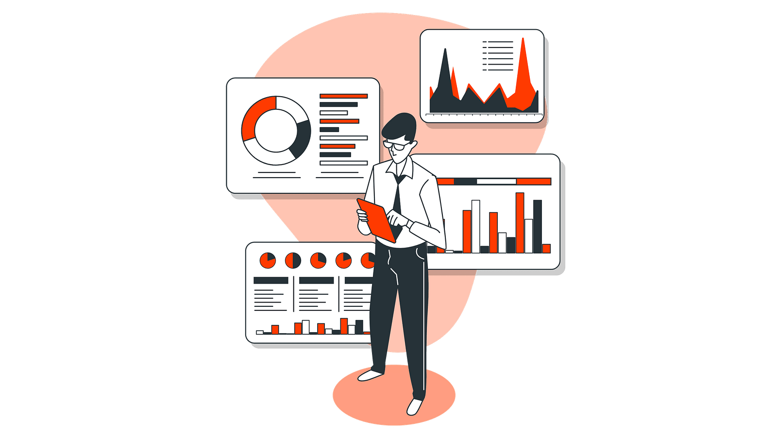 Graphic showing a person analysing hotel performance charts and data.