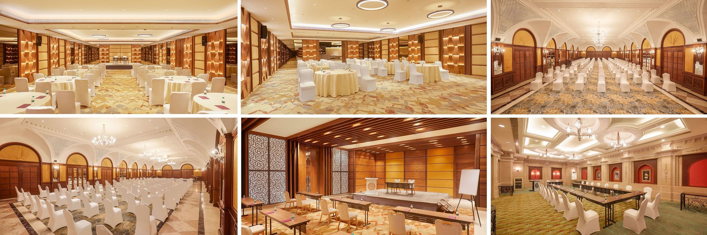 Banner collage with the different banquet halls with bright light and seating arrangement.