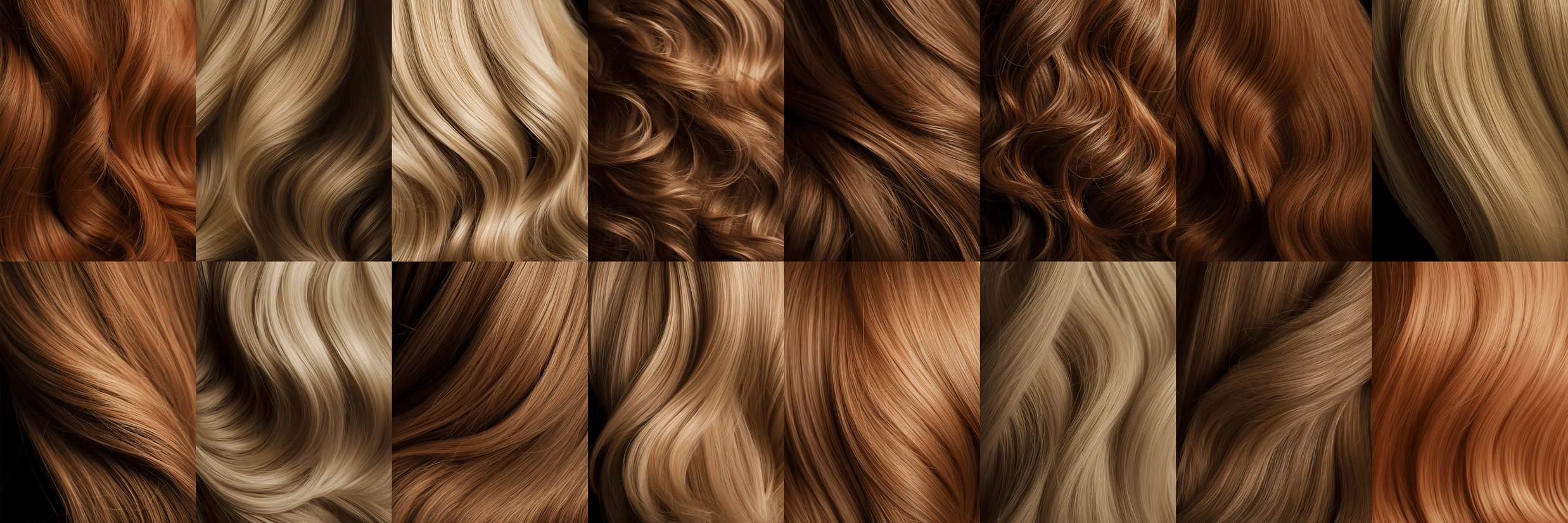 Grid display of various hair color samples and textures ranging from blonde to brown and auburn.