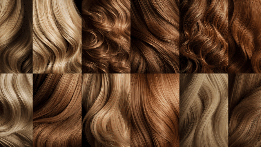 Grid display of various hair color samples and textures ranging from blonde to brown and auburn.
