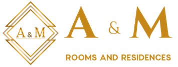 Logo of A and M Rooms and Residences with the hotel initials displayed in a bold gold font.
