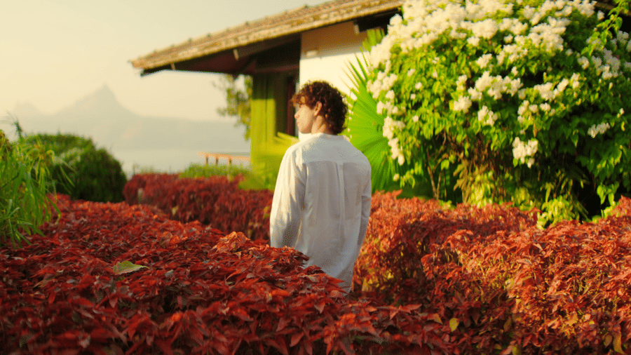 A man from behind walking along a pathway lined with thick red bushes in a lush resort garden next to a cottage during golden hour.