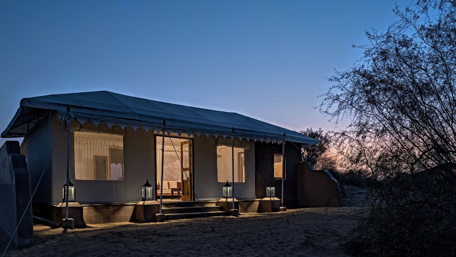 Facade of the luxury tents at Manvar Resort and Desert Camp