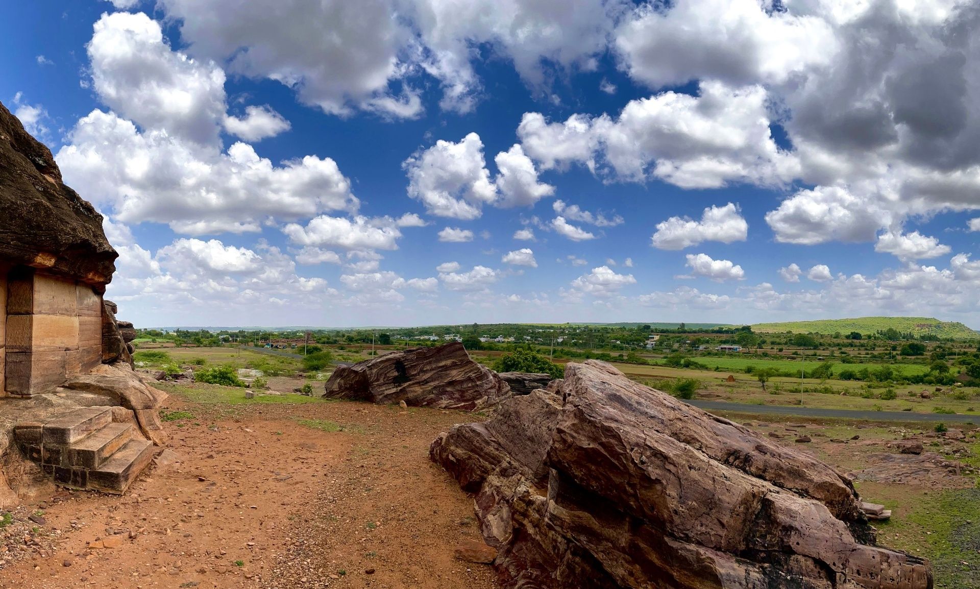 Panoramic view of a historical temple in Pattadakallu.