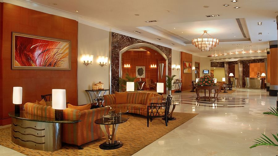 Lobby area with couch in hotel