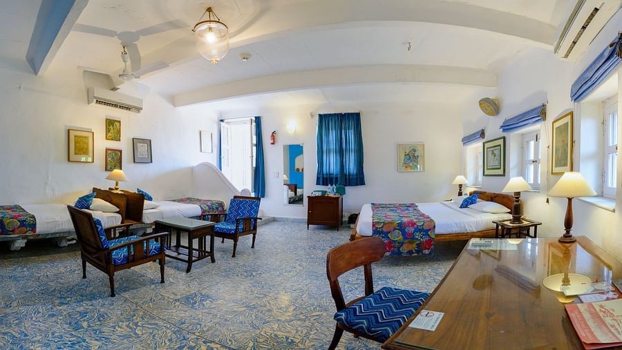 Hill Fort Kesroli 14th Century Alwar - interior view of the Shankar Mahal - Garden View room featuring various seating options