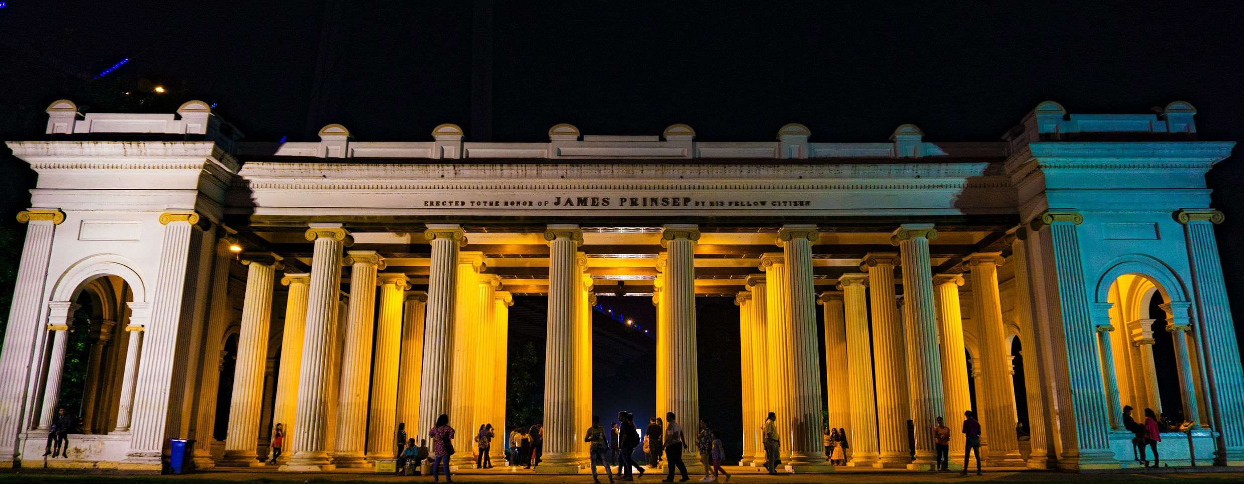 The memorial monument at Princep Ghat in Kolkata lights up in the evening