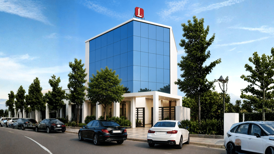 Exterior view of Lords Eco Inn Gandhidham featuring a modern building with a blue glass facade, tree-lined driveway, and parked cars under a clear sky.