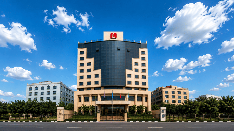 Exterior front view of Lords Plaza Surat featuring a multi-story modern commercial building with a central dark glass facade, rooftop red logo, and clear blue sky with fluffy white clouds.