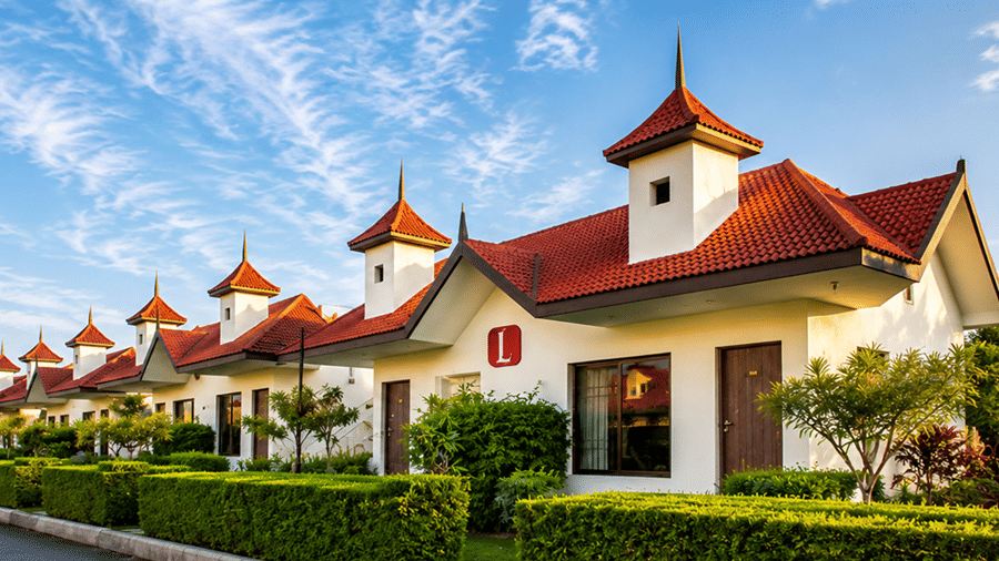 Exterior view of cottage accommodations at Vishal Lords Inn Gir Forest featuring white individual units with red pagoda-style roofs, manicured green hedges, and a clear blue sky with wispy clouds.